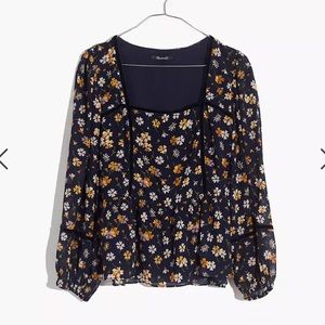 Madewell Velvet Trimmed Square Neck Blue Floral Top XS in Petal Party Coquette